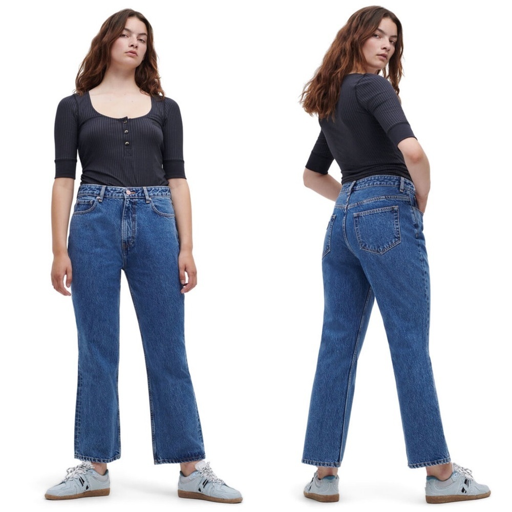 GANNI 90s Organic Cotton Stone Wash Denim High Rise Cropped Bootcut Leg Jeans 27